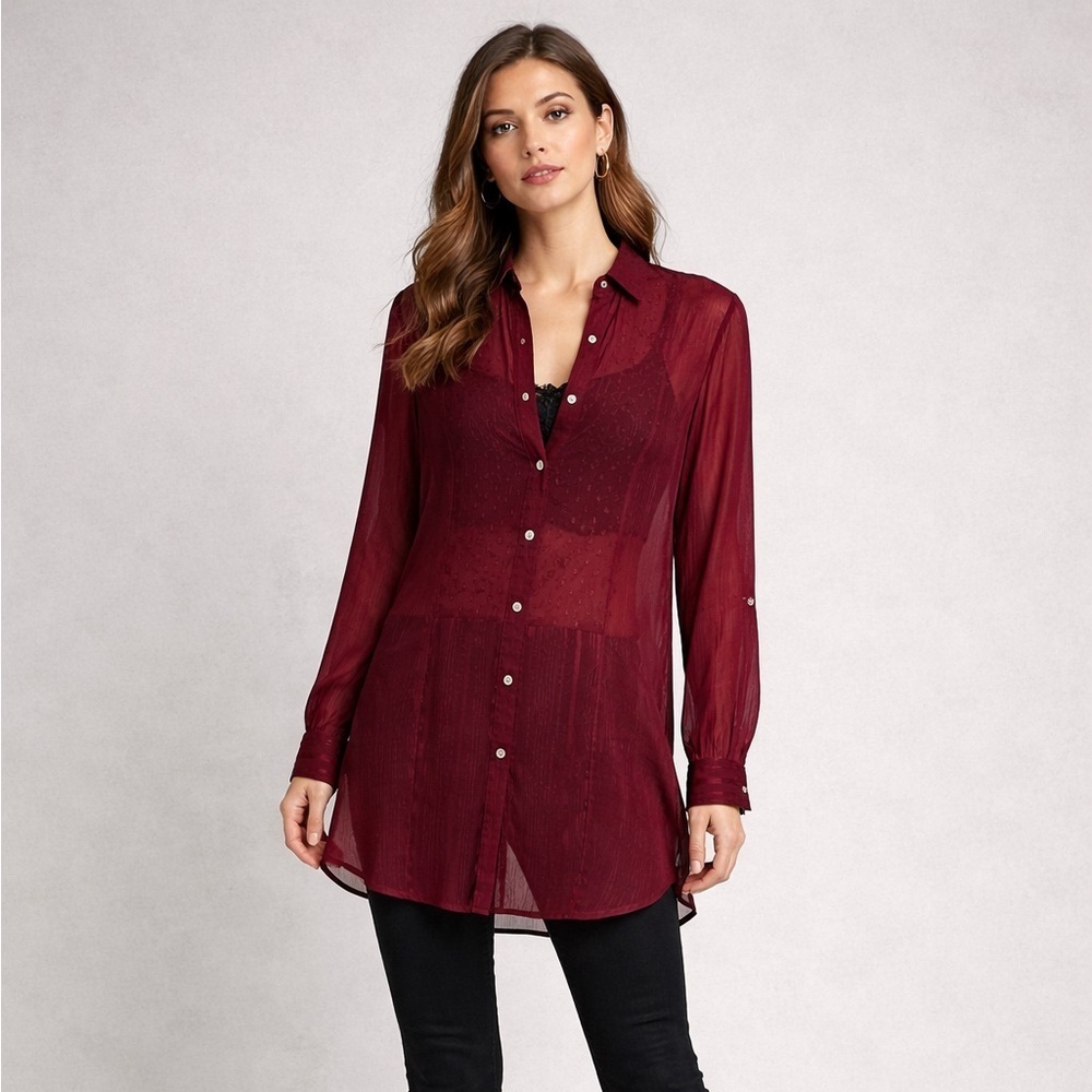 Figueroa & Flowers Sheer Red Tunic Blouse Womens Medium Vampy Witchy Gothic